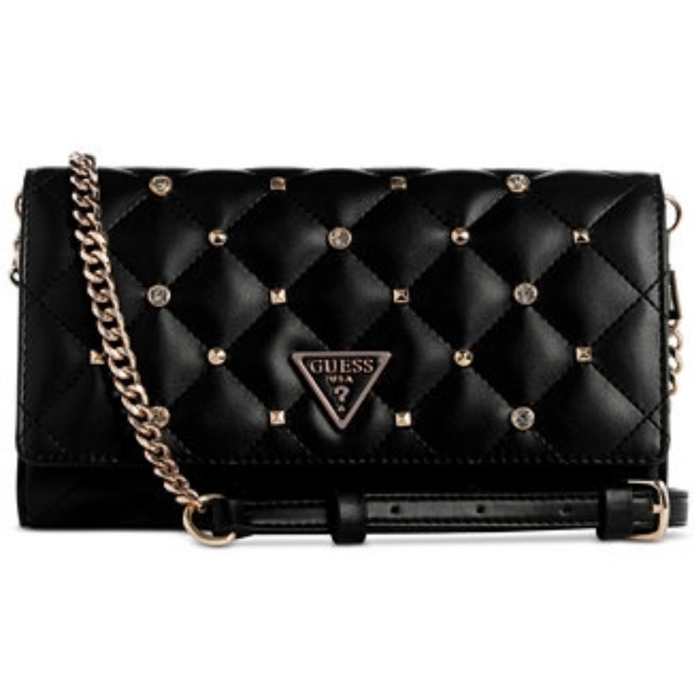 GUESS Black Quilted Crossbody Bag with Gold Chain